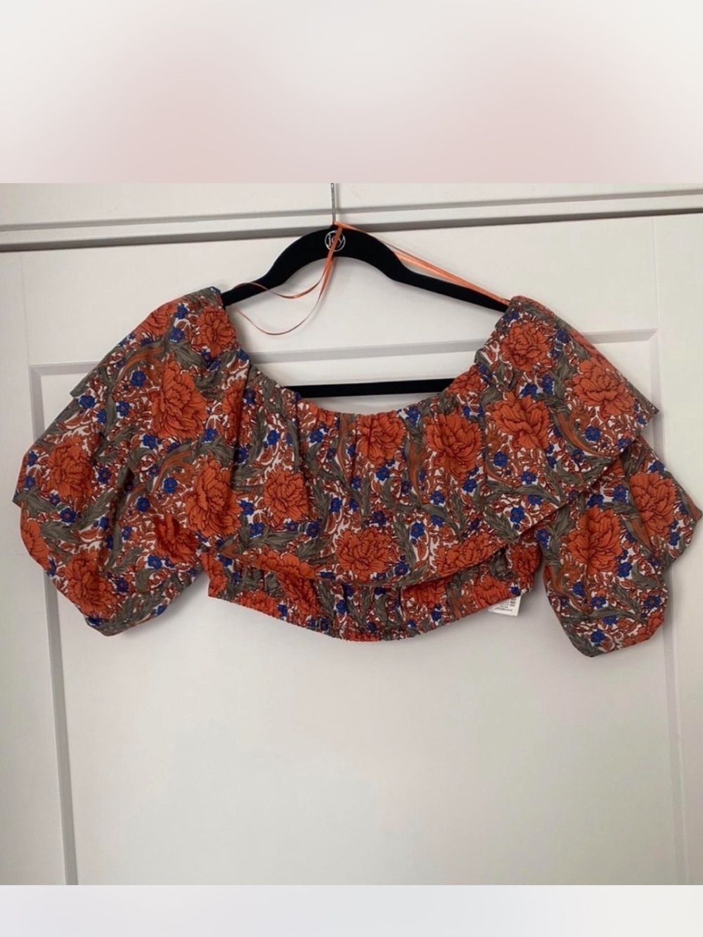 Zara Orange Floral Off-Shoulder Crop Top with Puff Sleeves